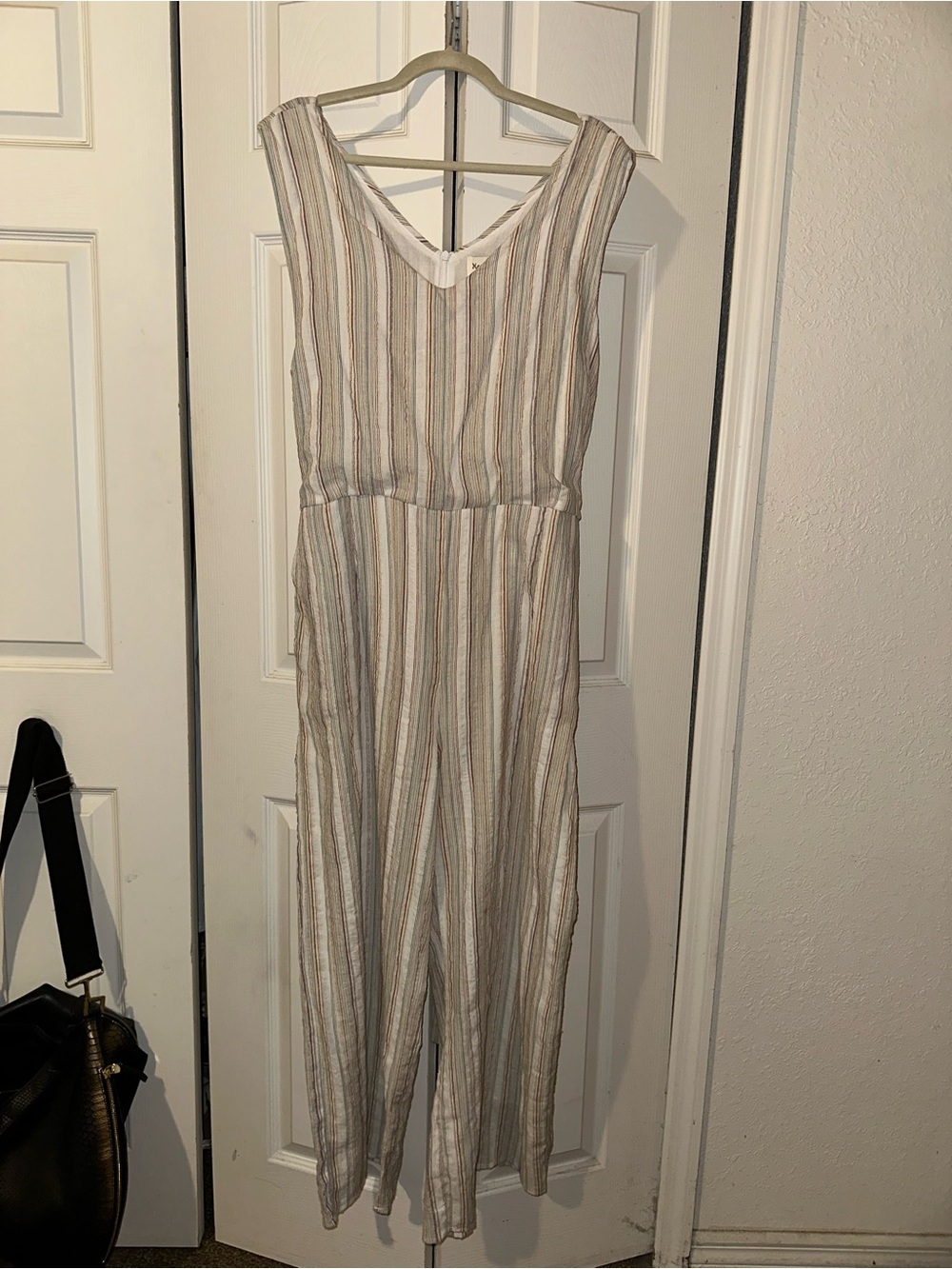 Striped V-Neck Sleeveless Jumpsuit in Beige and Cream